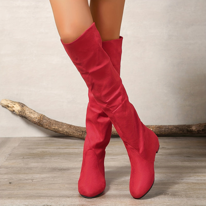 Bottes Hautes Femme Flanelle, Talon Bas – coloris rouge