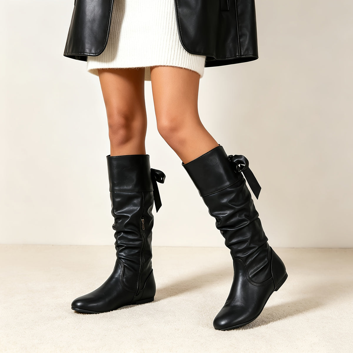 Bottes Hautes Femme Plates, Similicuir, Nœud Dos, vue 5
