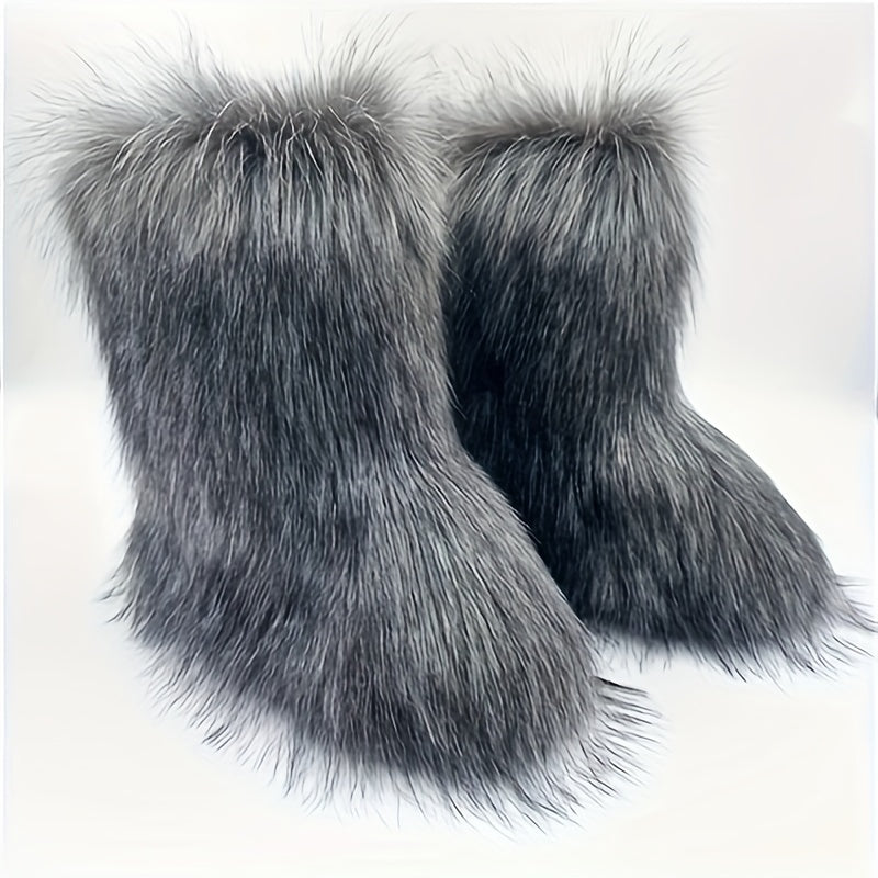 Bottes Femme Fausse Fourrure Longue, Style Renard – coloris gris foncé