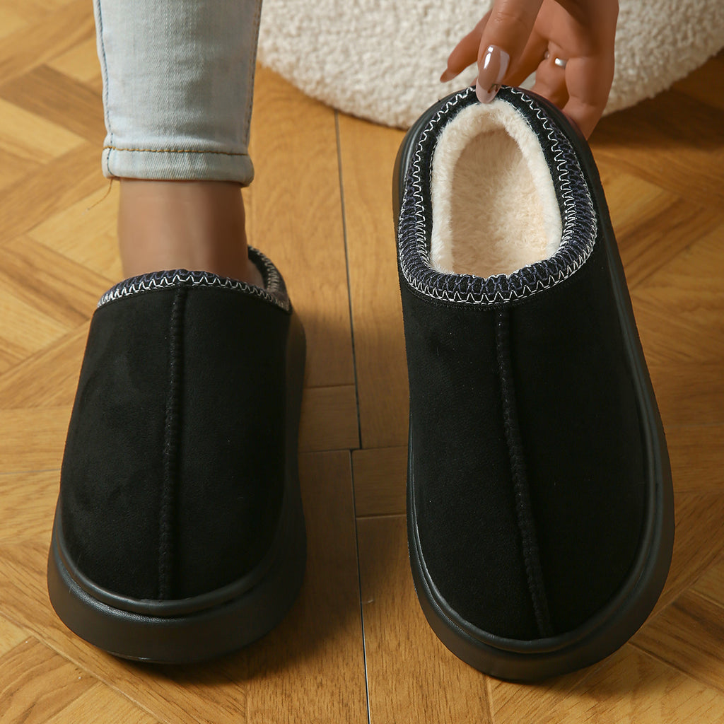 Chaussons Bottes Femme Aspect Daim, Col Brodé, Plateforme