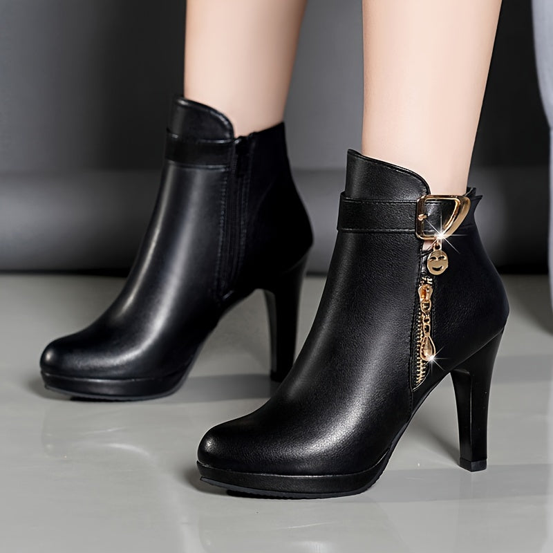 Bottines Talon Haut Femme Similicuir Noir, Boucle Dorée, Zip, vue 5