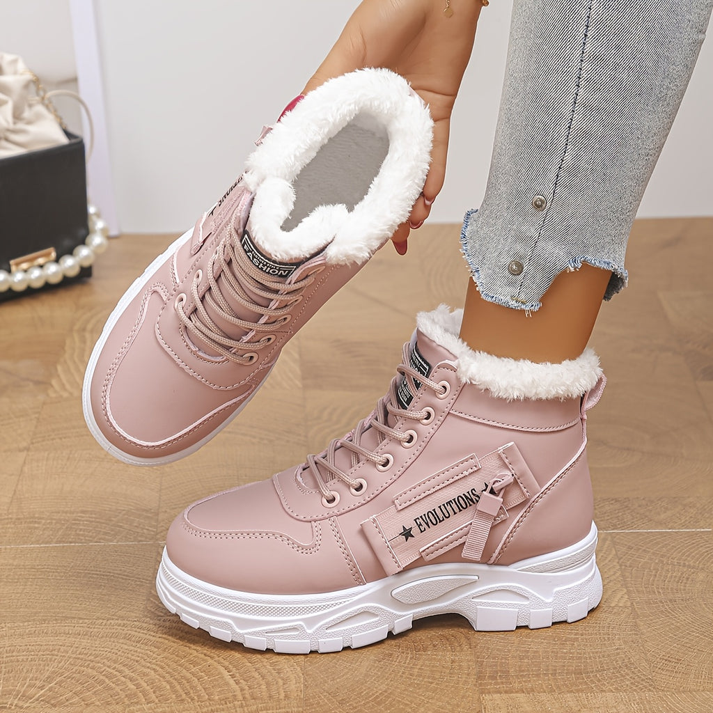Bottes Fourrées Femme Style Basket, Similicuir, Lacets – coloris rose