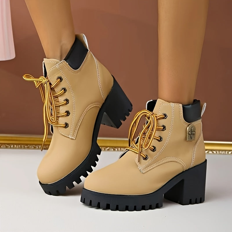 Bottes à Lacets Femme Courtes, Talon Haut Cranté – coloris moutarde