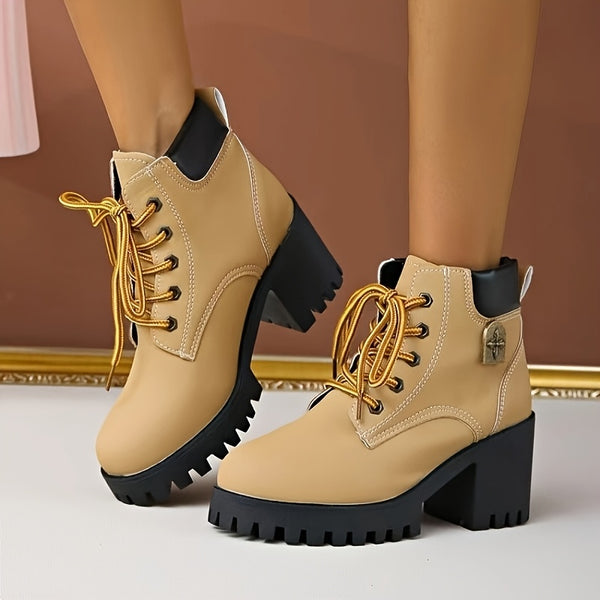 Bottes à Lacets Femme Courtes, Talon Haut Cranté – coloris moutarde