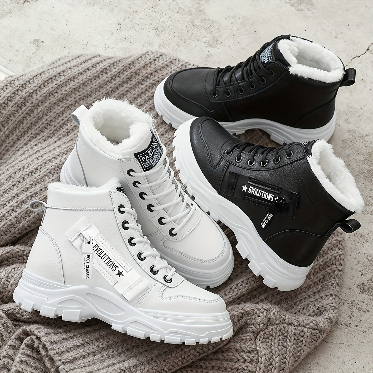 Bottes Plateforme Femme à Lacets, Col Fourrure