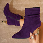 Bottines Femme Talon Fin Doré, Tige Froncée, Suédine – coloris violet