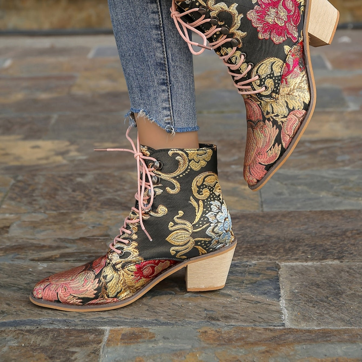 Bottes Brodées Fleurs, Talon Bloc, vue 4