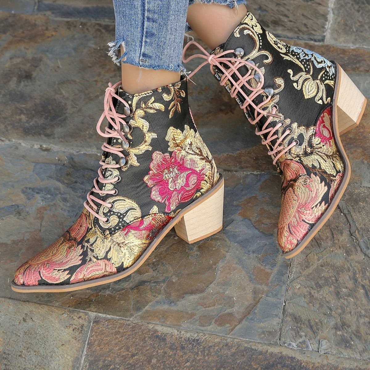 Bottes Brodées Fleurs, Talon Bloc, vue 5