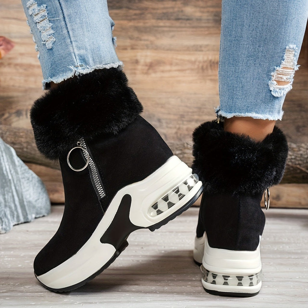 Bottines Plateforme Effet Daim, Col Fausse Fourrure, vue 2