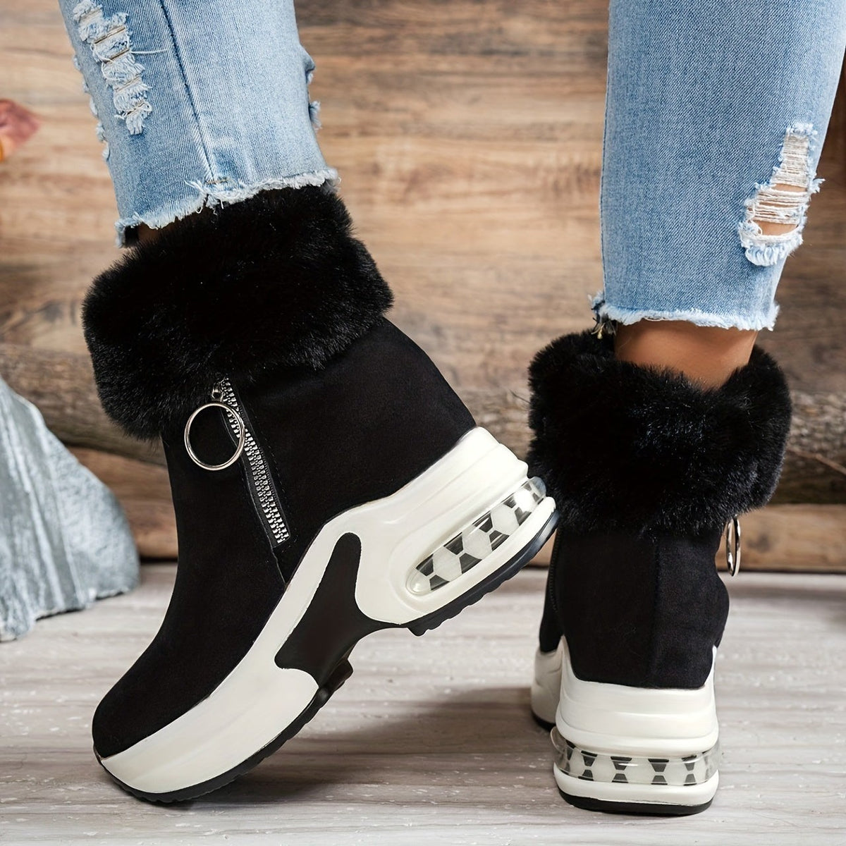 Bottines Plateforme Effet Daim, Col Fausse Fourrure, vue 2