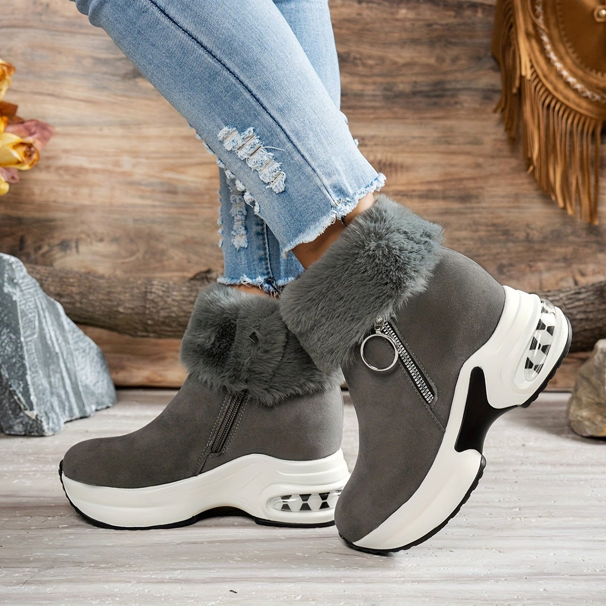 Bottines Plateforme Effet Daim, Col Fausse Fourrure, vue 4