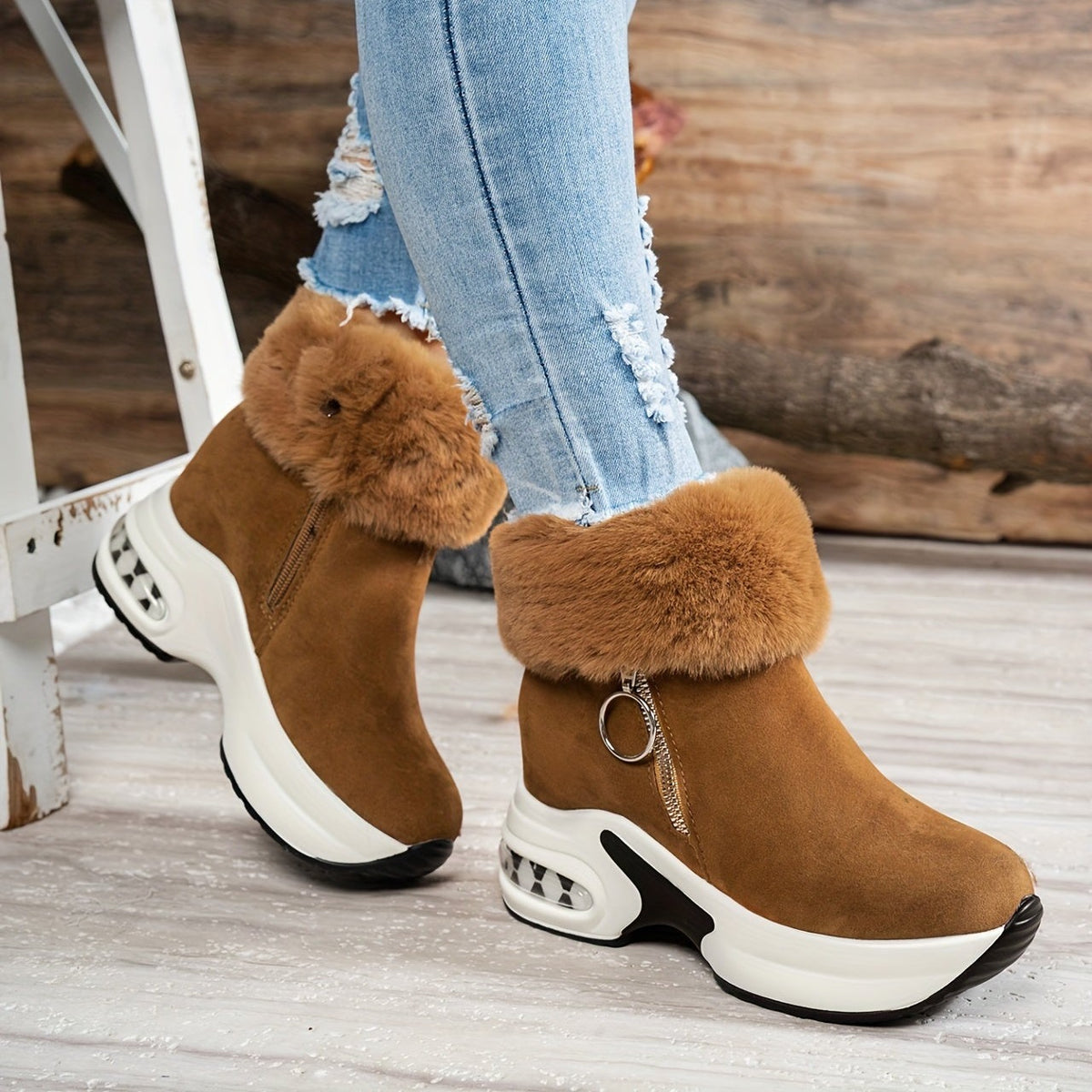 Bottines Plateforme Effet Daim, Col Fausse Fourrure, vue 6