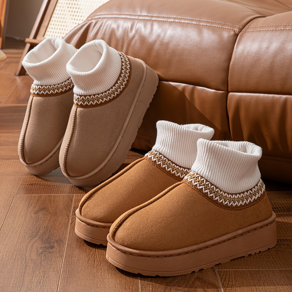 Chausson Botte Femme Aspect Daim, Col Maille, Plateforme, vue 2