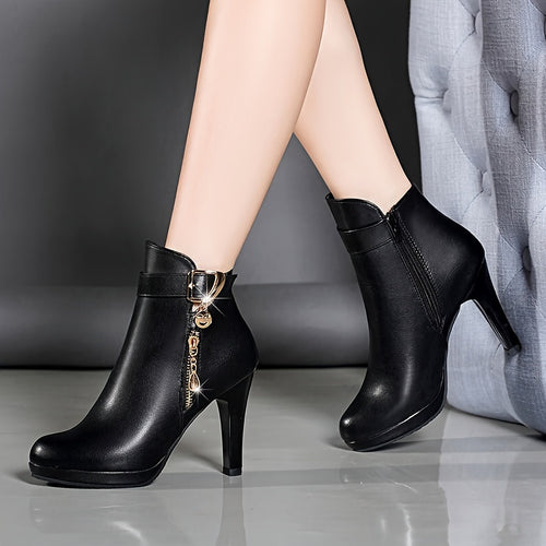 Bottines Talon Haut Femme Similicuir Noir, Boucle Dorée, Zip – coloris noir