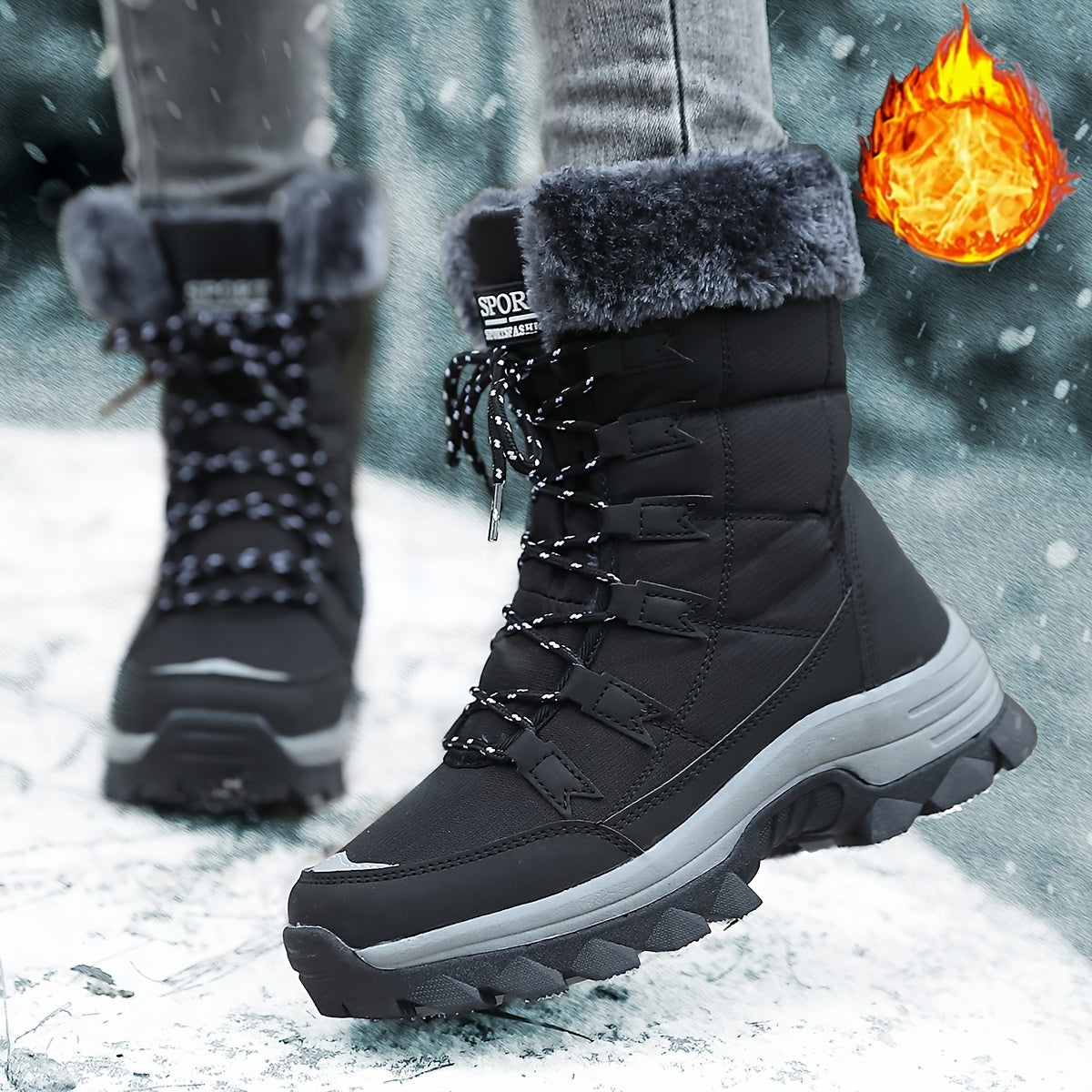 Bottes Femme à Lacets, Doublure Flanelle, Mi-Mollet – coloris noir