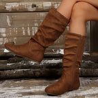 Bottes Plates Femme Mi-Mollet, Aspect Daim – coloris brun