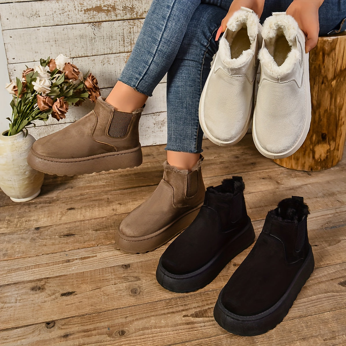 Bottines Chelsea Plateforme Femme, Col Fourrure