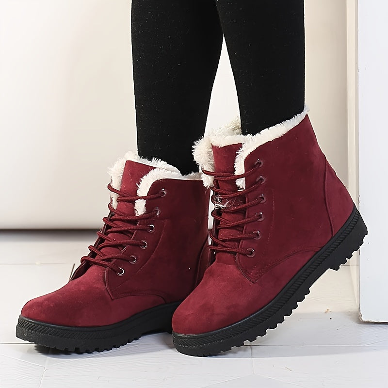 Bottes Fourrées Femme à Lacets, Aspect Daim, Col Peluche – coloris bordeaux
