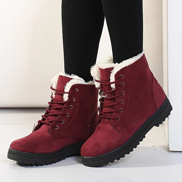 Bottes Fourrées Femme à Lacets, Aspect Daim, Col Peluche – coloris bordeaux