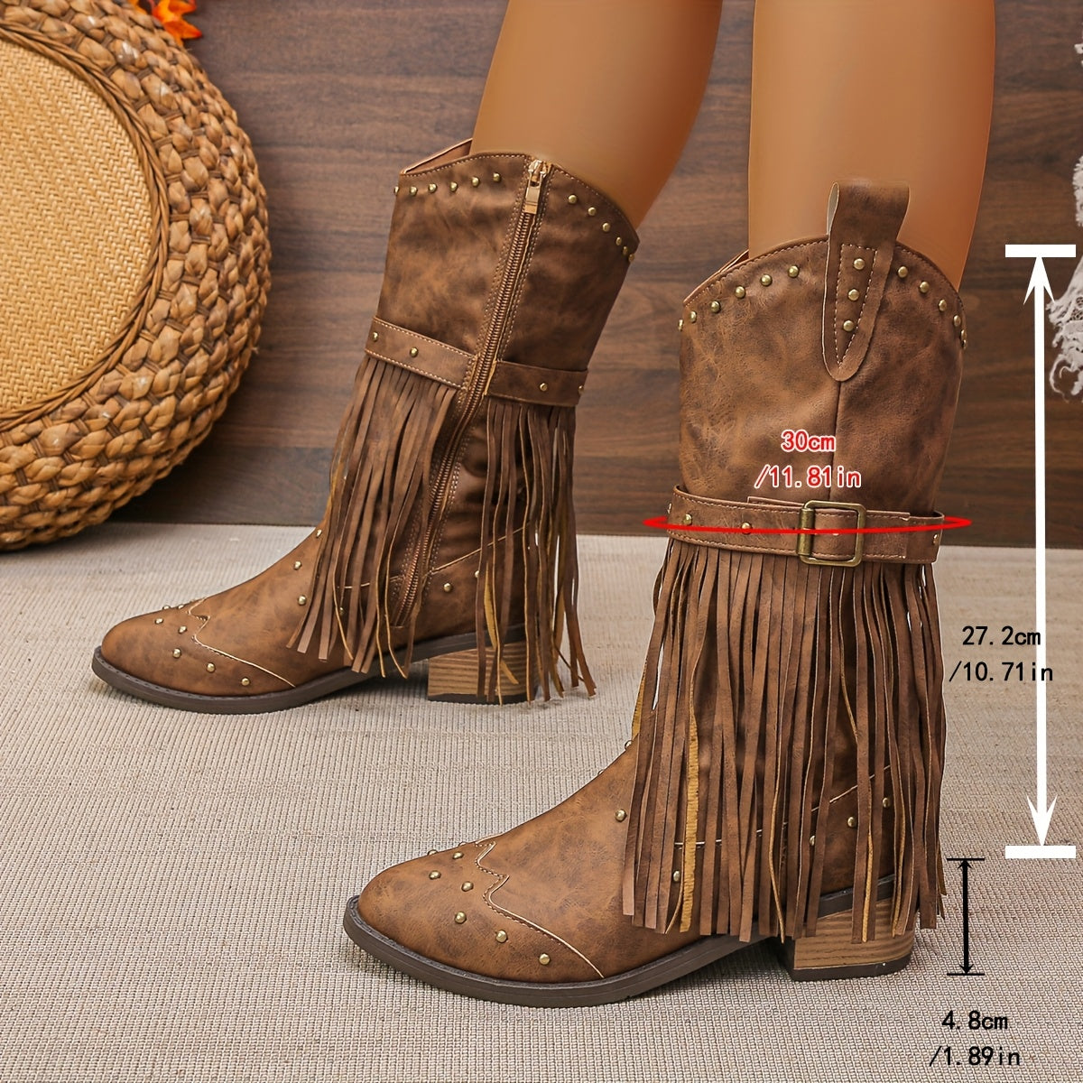 Bottes Femme Similicuir, Franges et Clous, vue 7
