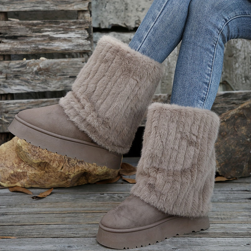 Bottes Fausse Fourrure Femme, Semelle Plateforme, Taupe