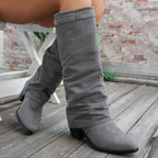 Bottes Hautes Femme à Revers, Aspect Daim, Bout Pointu – coloris gris