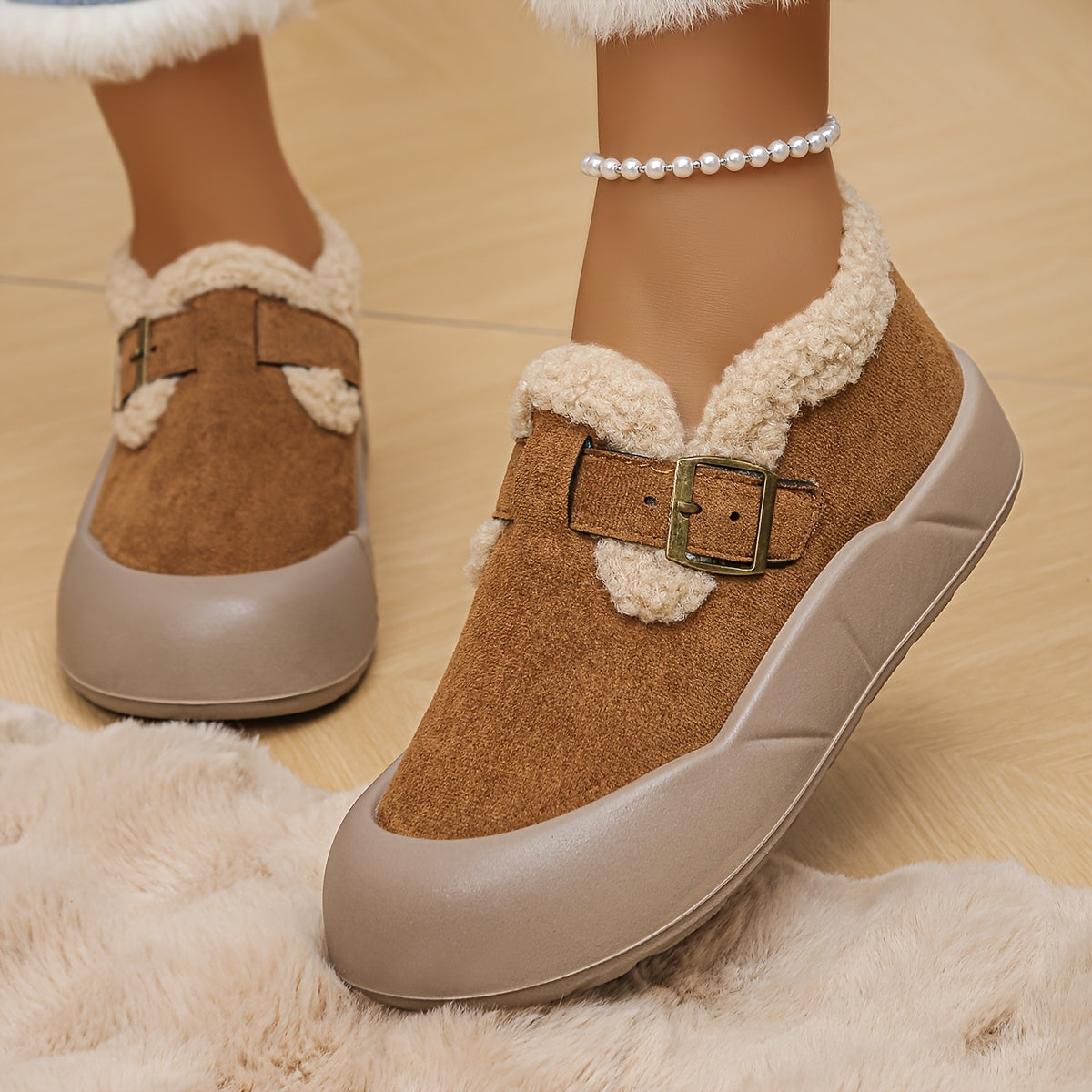 Bottines Basses Femme Fourrées, Bride à Boucle