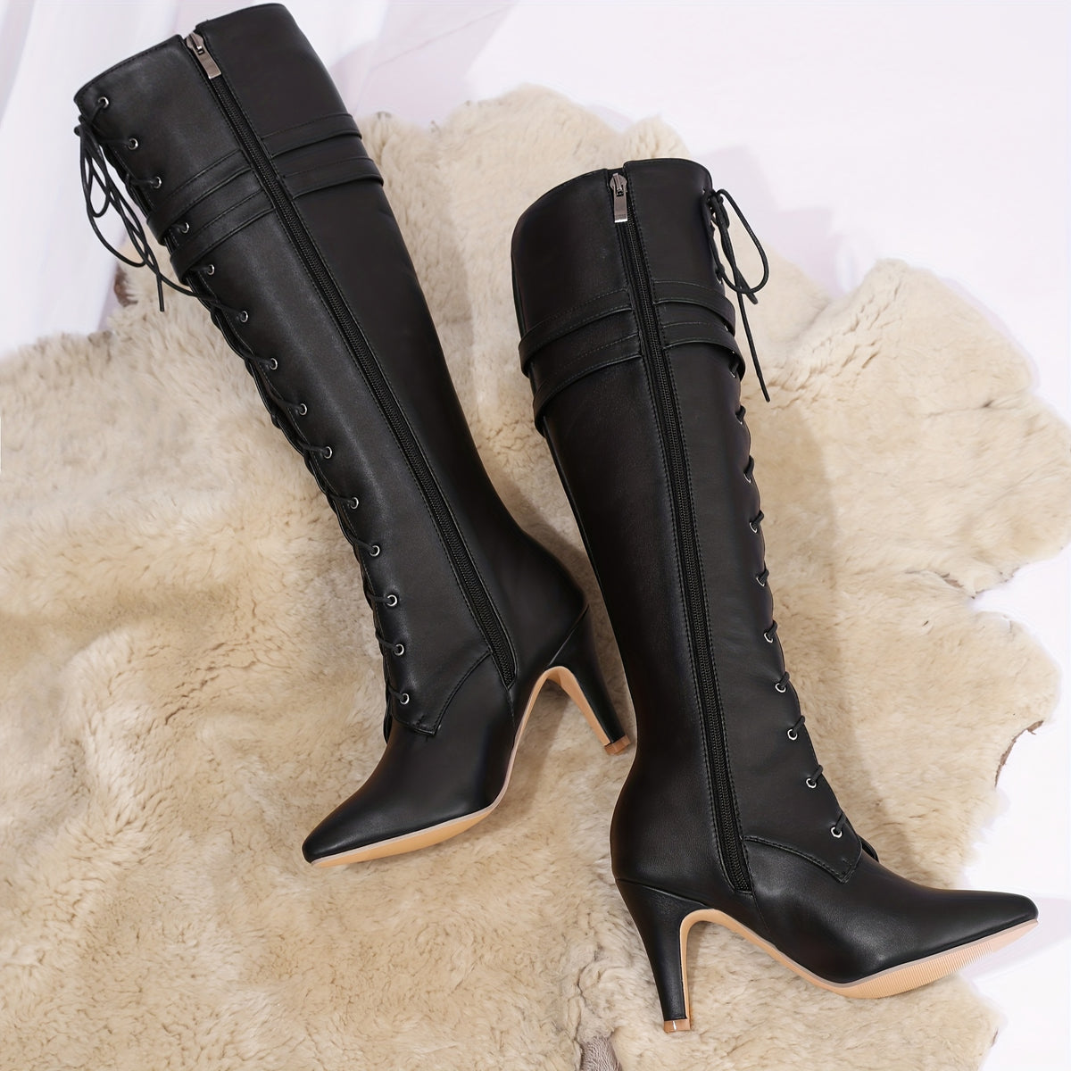Bottes à Lacets Femme Hautes Similicuir, Talon Fin, Boucles, vue 4