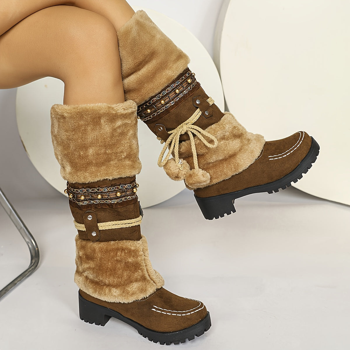Bottes Hautes Femme en Tissu Effet Daim – coloris jaune marron