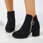 Bottines Noires Femme Aspect Daim, Talon Bloc, Zip Cœur, vue 4