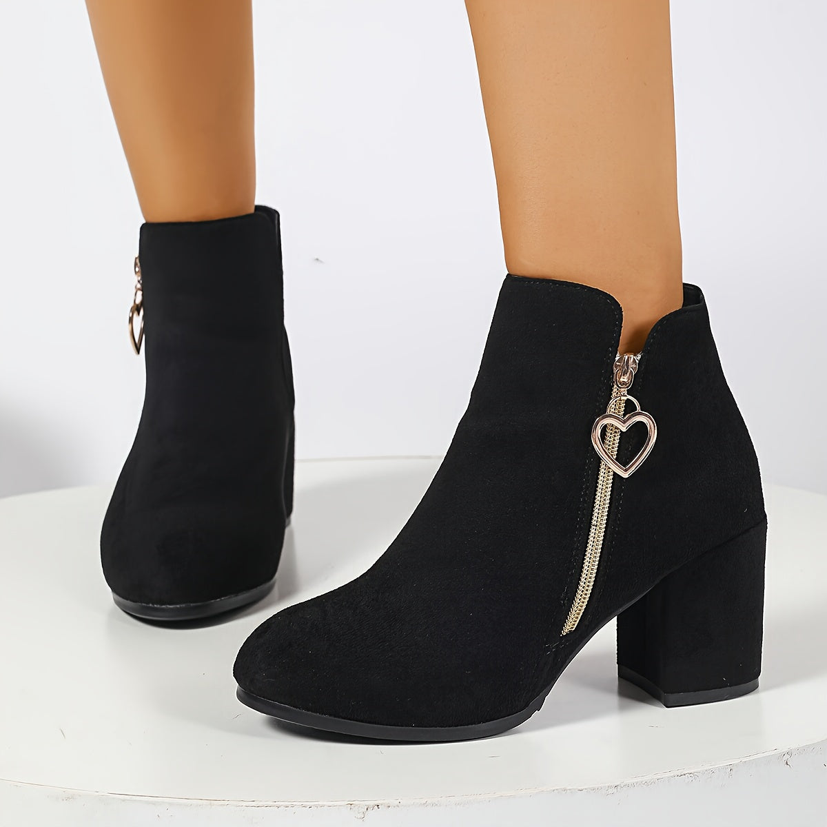 Bottines Noires Femme Aspect Daim, Talon Bloc, Zip Cœur, vue 4