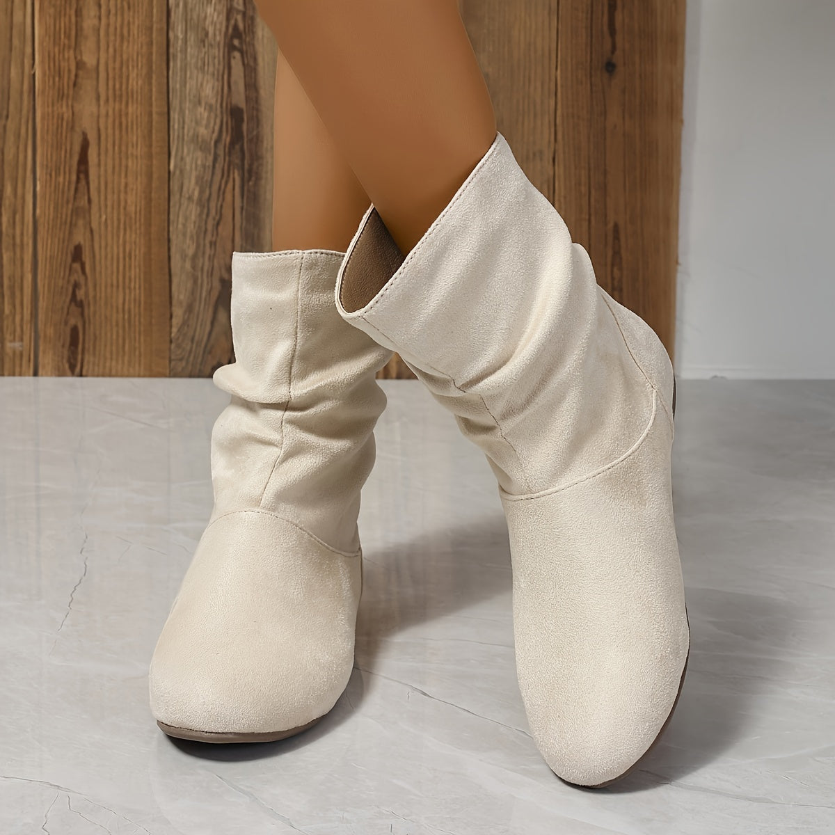 Bottines Femme Mi-Hautes, Talon Plat – coloris beige, vue 3