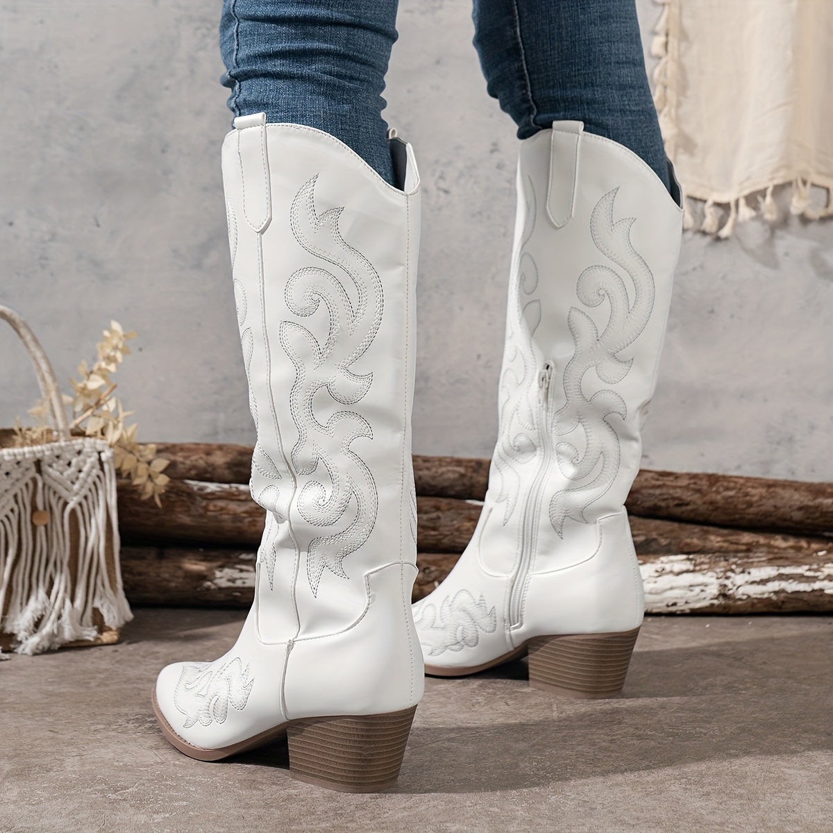 Bottes Cowboy Femme Hautes Brodées, Zip – coloris blanc