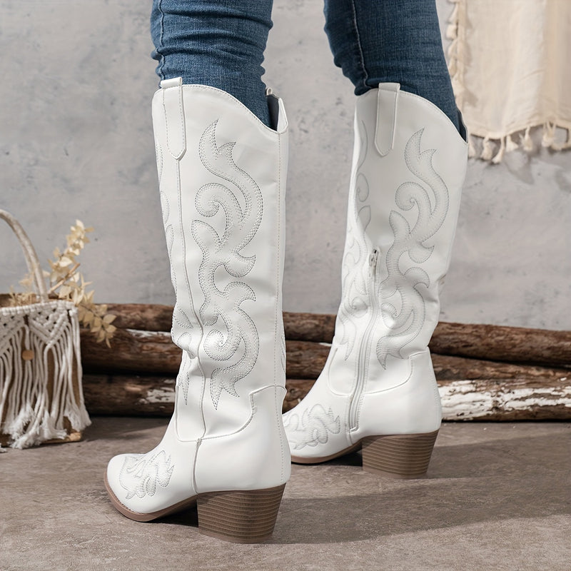 Bottes Cowboy Femme Hautes Brodées, Zip – coloris blanc