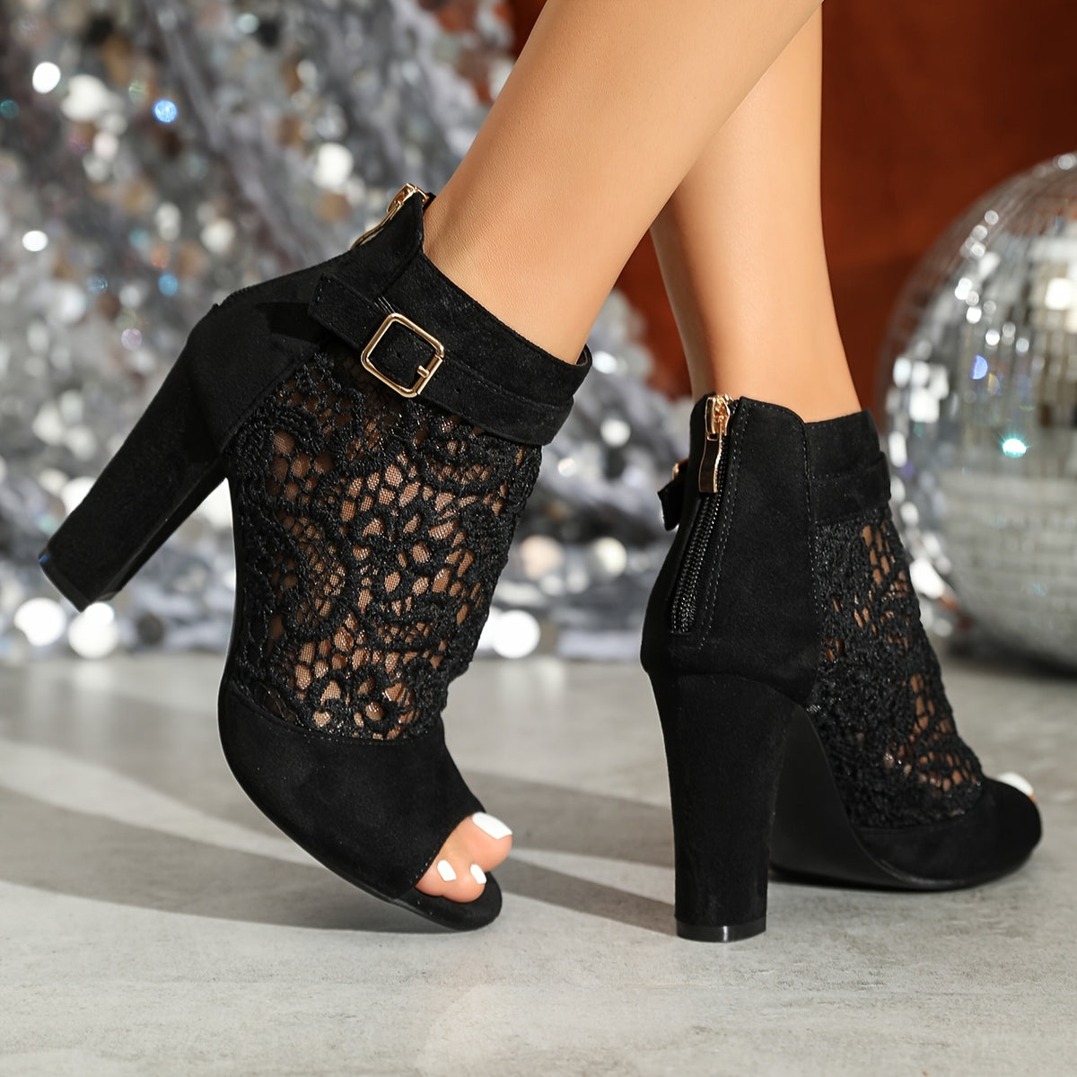 Bottines d'Été Femme Bout Ouvert, Maille Dentelle, Talon Haut – coloris noir, vue 4