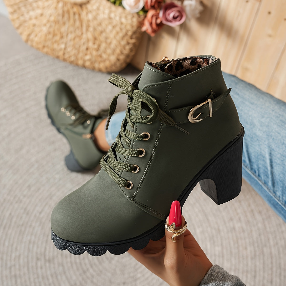 Bottines à Lacets Femme Similicuir, Talon Haut, Boucle – coloris vert armée