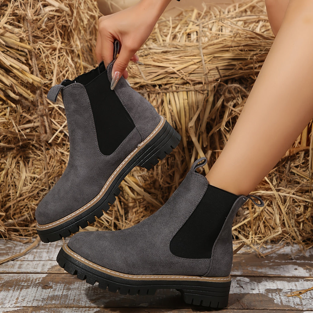 Bottines Chelsea Femme Semelle Crantée, Aspect Daim – coloris gris
