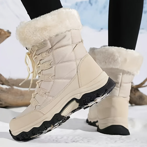 Bottes de Neige Femme Hautes à Lacets, Col Fourrure