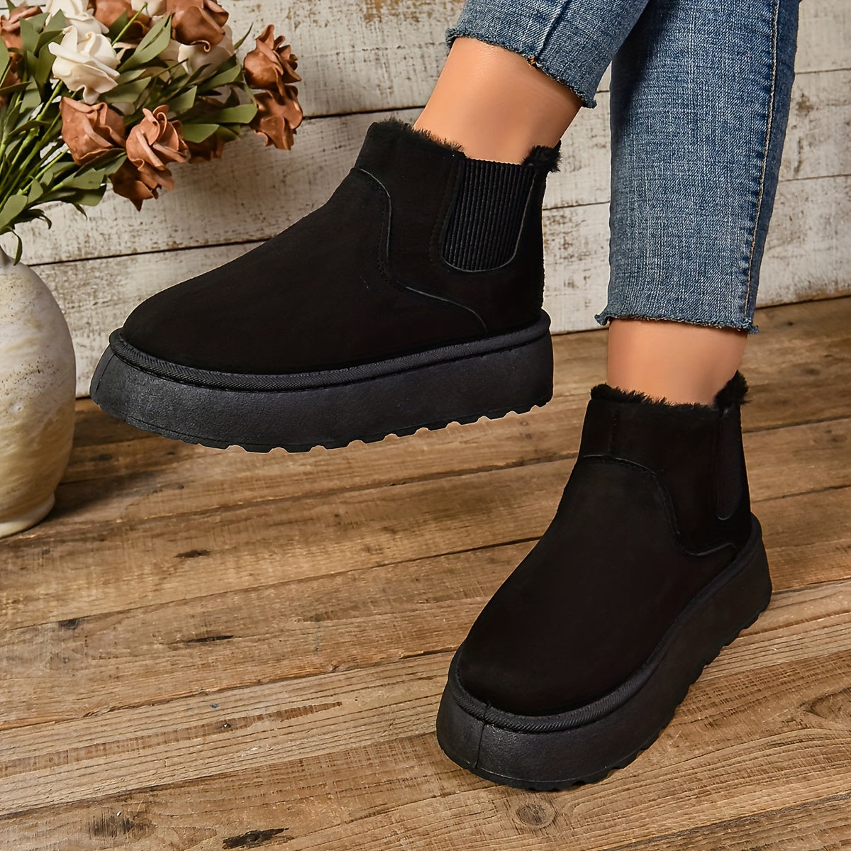Bottines Chelsea Plateforme Femme, Col Fourrure – coloris noir, vue 2