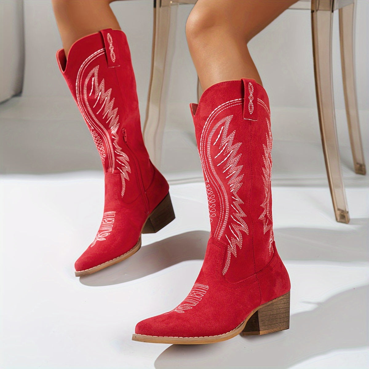 Bottes Cowboy Femme Brodées, Talon Bloc – coloris rouge, vue 2