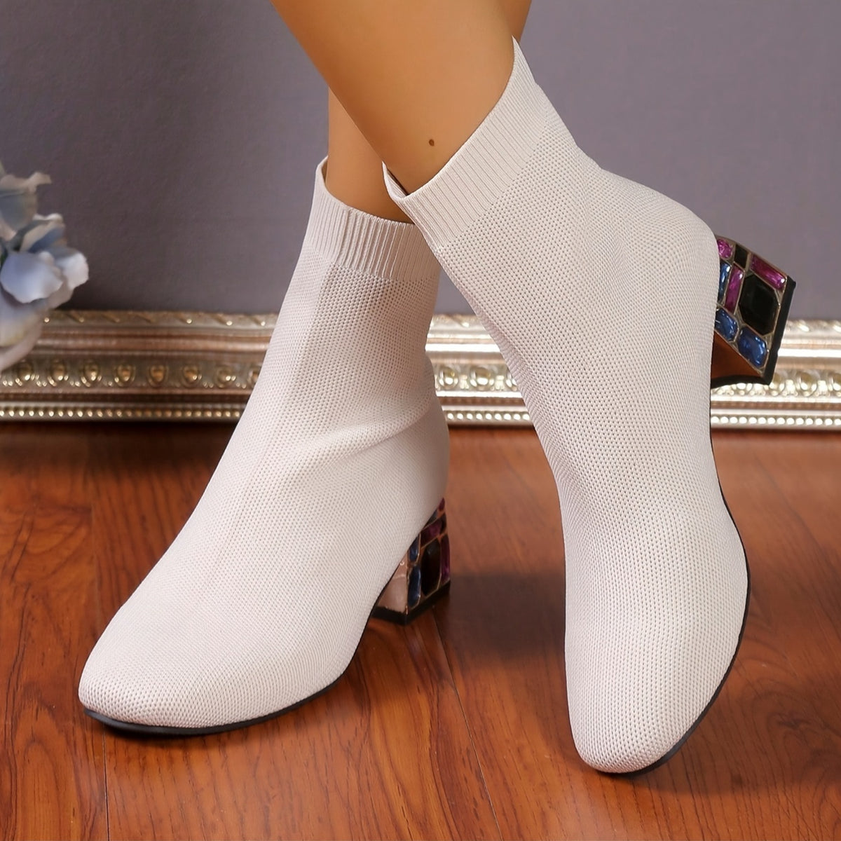 Bottes Chaussettes Femme en Maille, Talon Bloc Fantaisie – coloris blanc cassé, vue 2