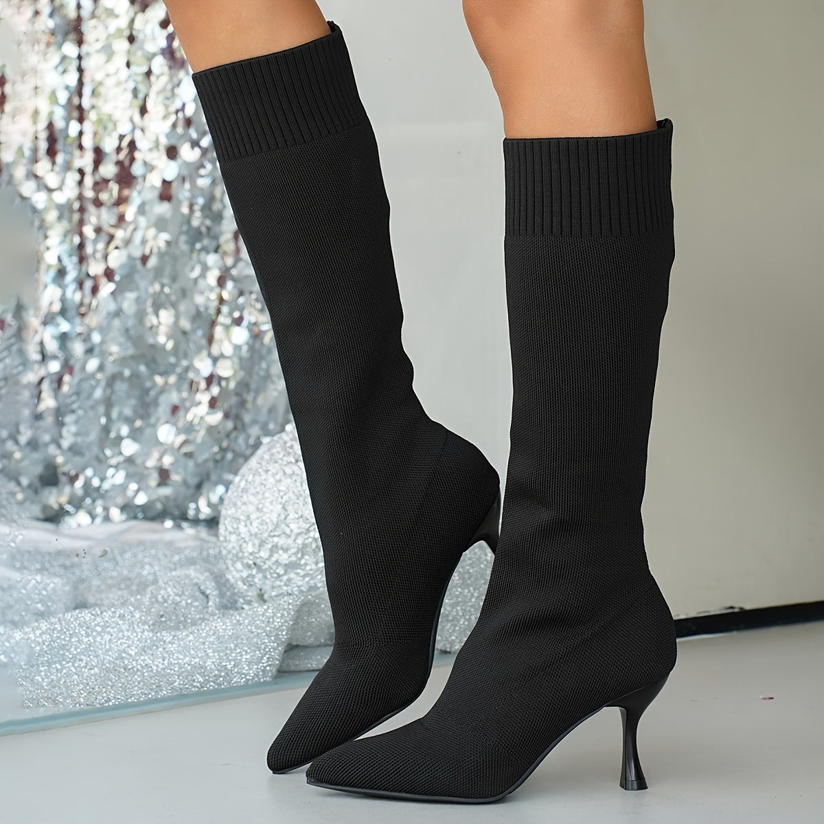 Bottes Hautes Femme en Maille, Talon Aiguille, 6 Coloris, vue 5