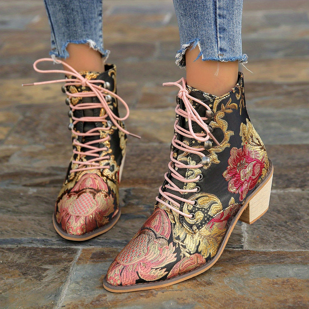 Bottes Brodées Fleurs, Talon Bloc – coloris multicolore