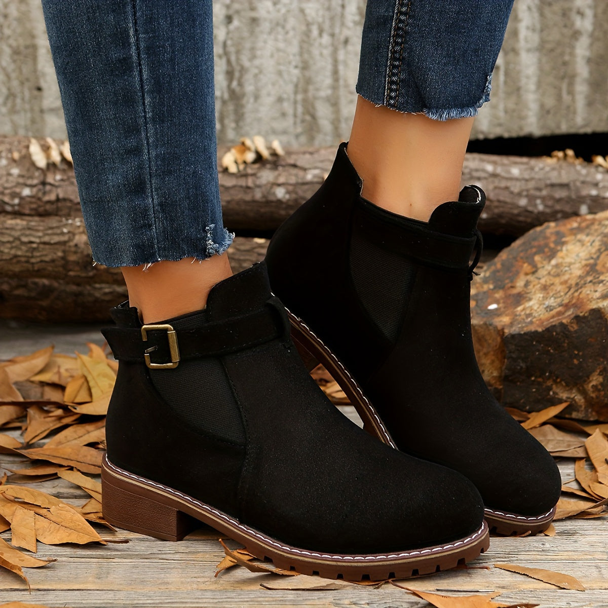 Bottines Chelsea Femme Aspect Daim, Boucle – coloris noir