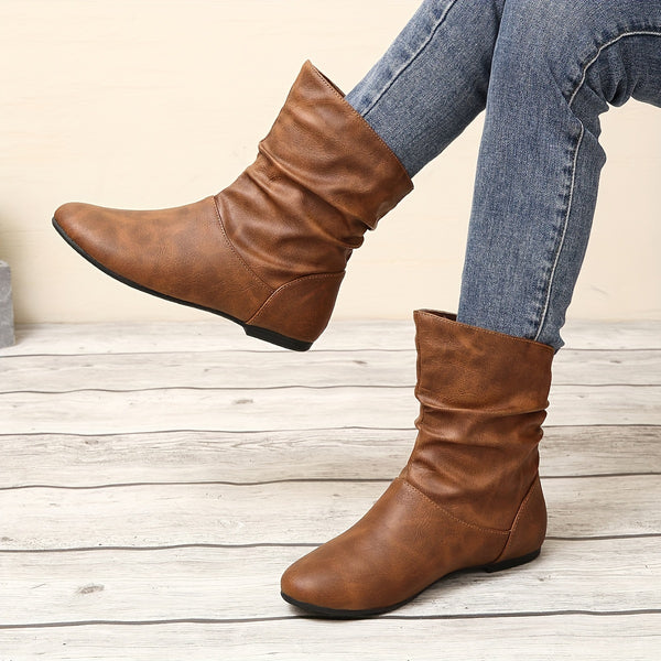 Bottes Plates Femme Similicuir, Tige Froncée