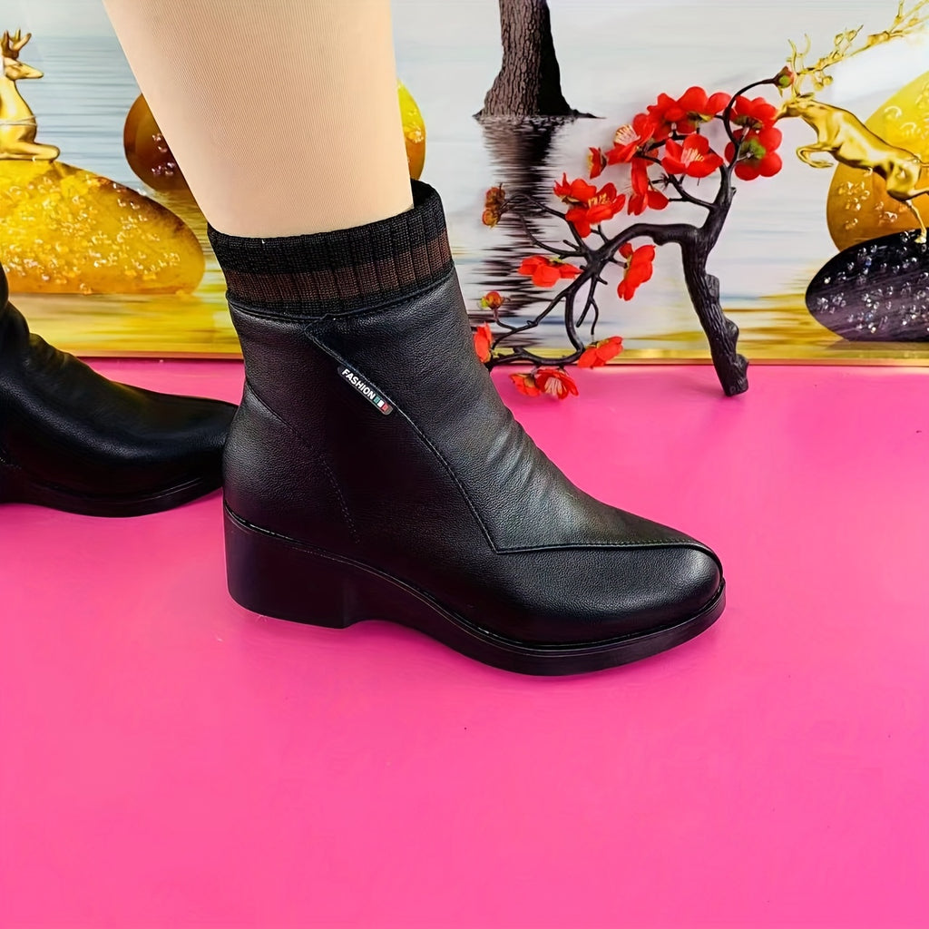 Bottines Compensées Femme, Doublure Peluche, Col Côtelé
