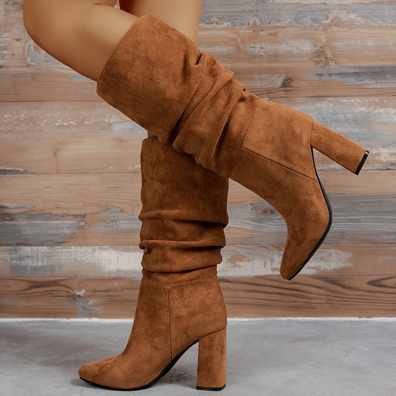 Bottes Mi-Mollet Femme Plissées, Aspect Daim, Talon Haut – coloris camel
