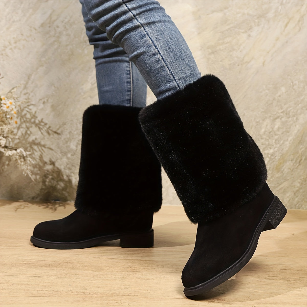 Bottes Femme Peluche, Revers Fausse Fourrure