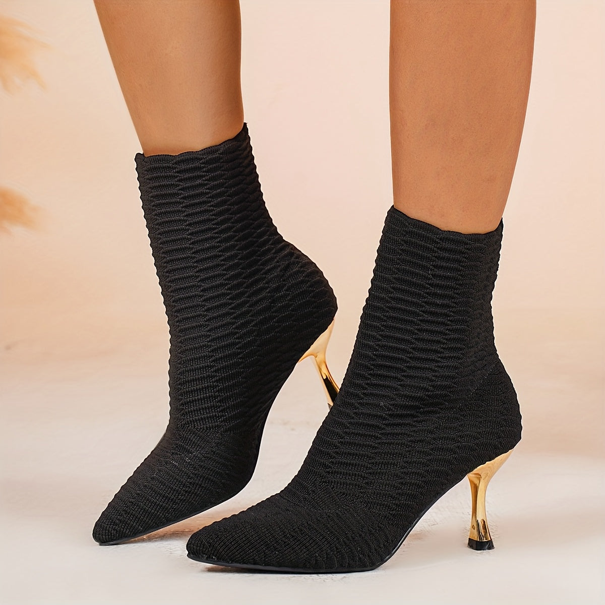 Bottes Chaussettes Femme Maille Texturée, Talon Doré, vue 10