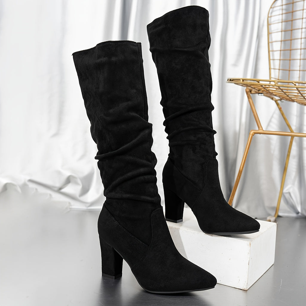 Bottes Femme Mi-Mollet, Talon Bloc, Bout Pointu – coloris noir
